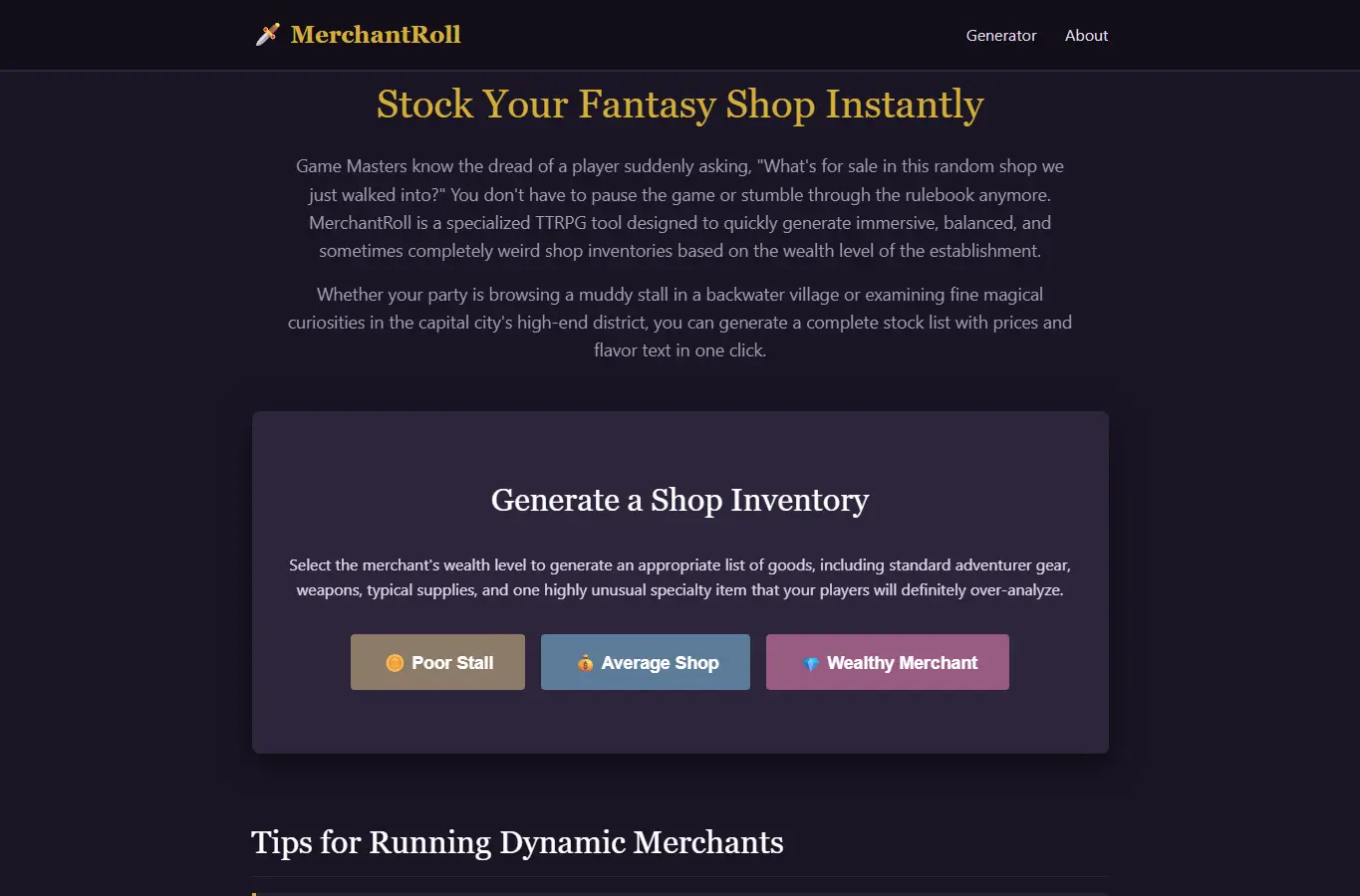 Screenshot of MerchantRoll: Fantasy Shop Inventory interface showing the project page in use